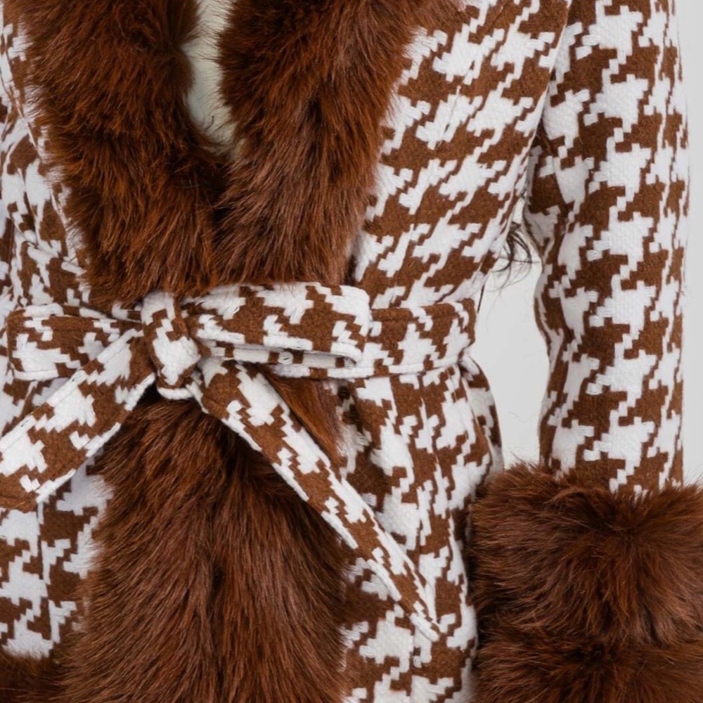 Brown and White Houndstooth Faux Fur Trim Coat - Picture 4 of 5